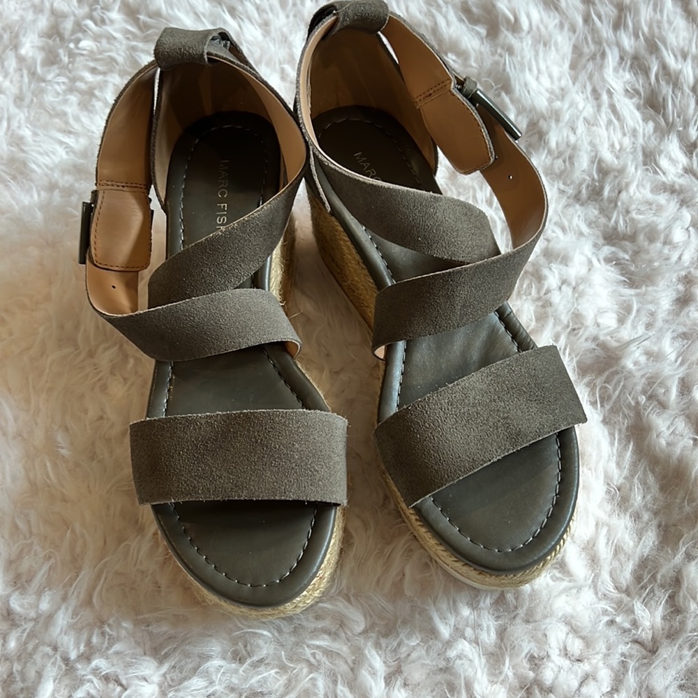 EUC Marc Fischer, suede, platform wedge sandals